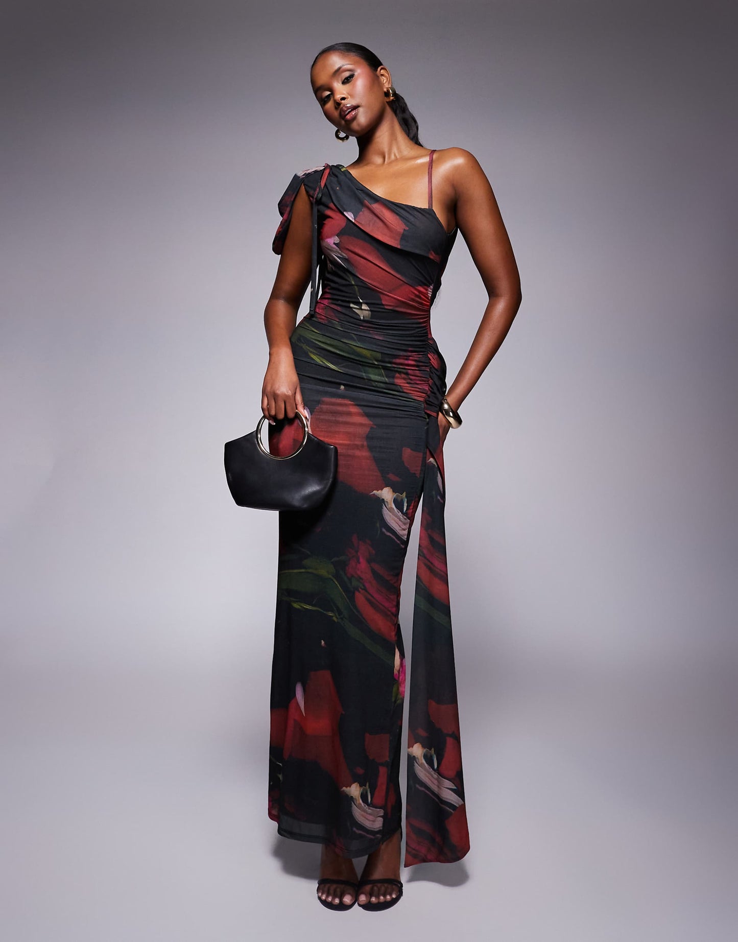 Stretch Chiffon Asymmetric Drape Maxi Dress With Cowl Back And Sash Detail