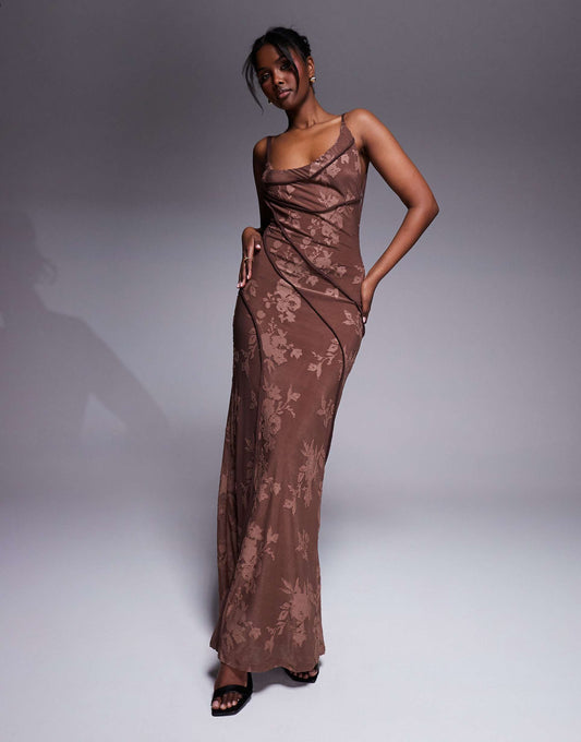 Asymmetric Neckline Devore Maxi Dress With Exposed Seaming Details