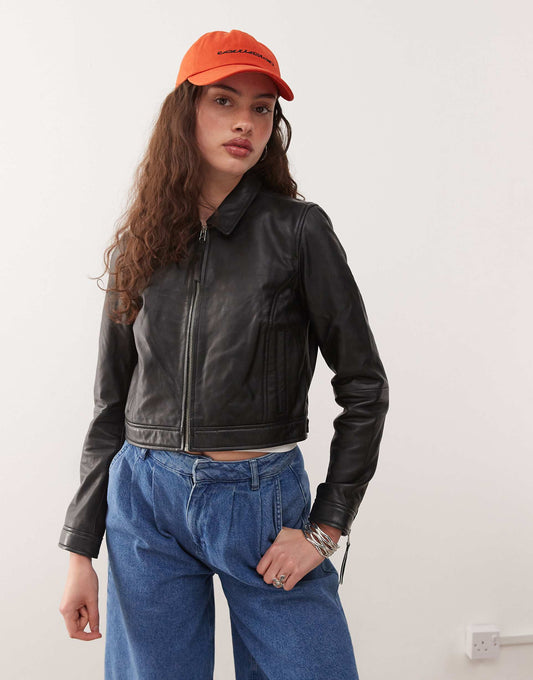Real Leather Cropped Harrington