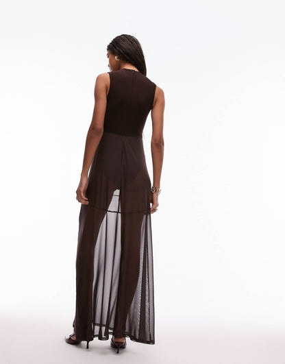 High Neck Mesh Sheer Layer Maxi Dress