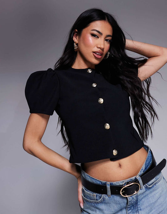 Ribbed Puff Sleeve Structured Button Through Top