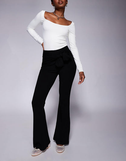 High Waist Tie Belt Waist Flare Trouser