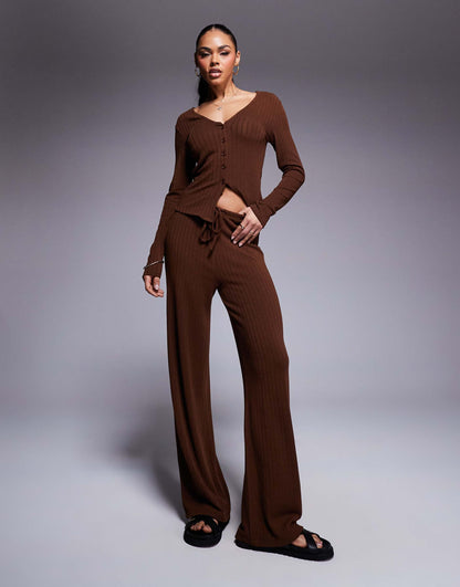 Co-Ord V Neck Button Up Top And Wide Leg Trouser