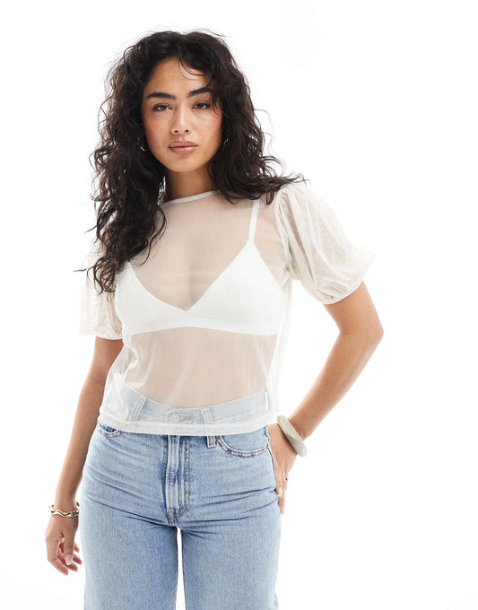 Boxy Tee With Tulle Layered Puff Sleeve