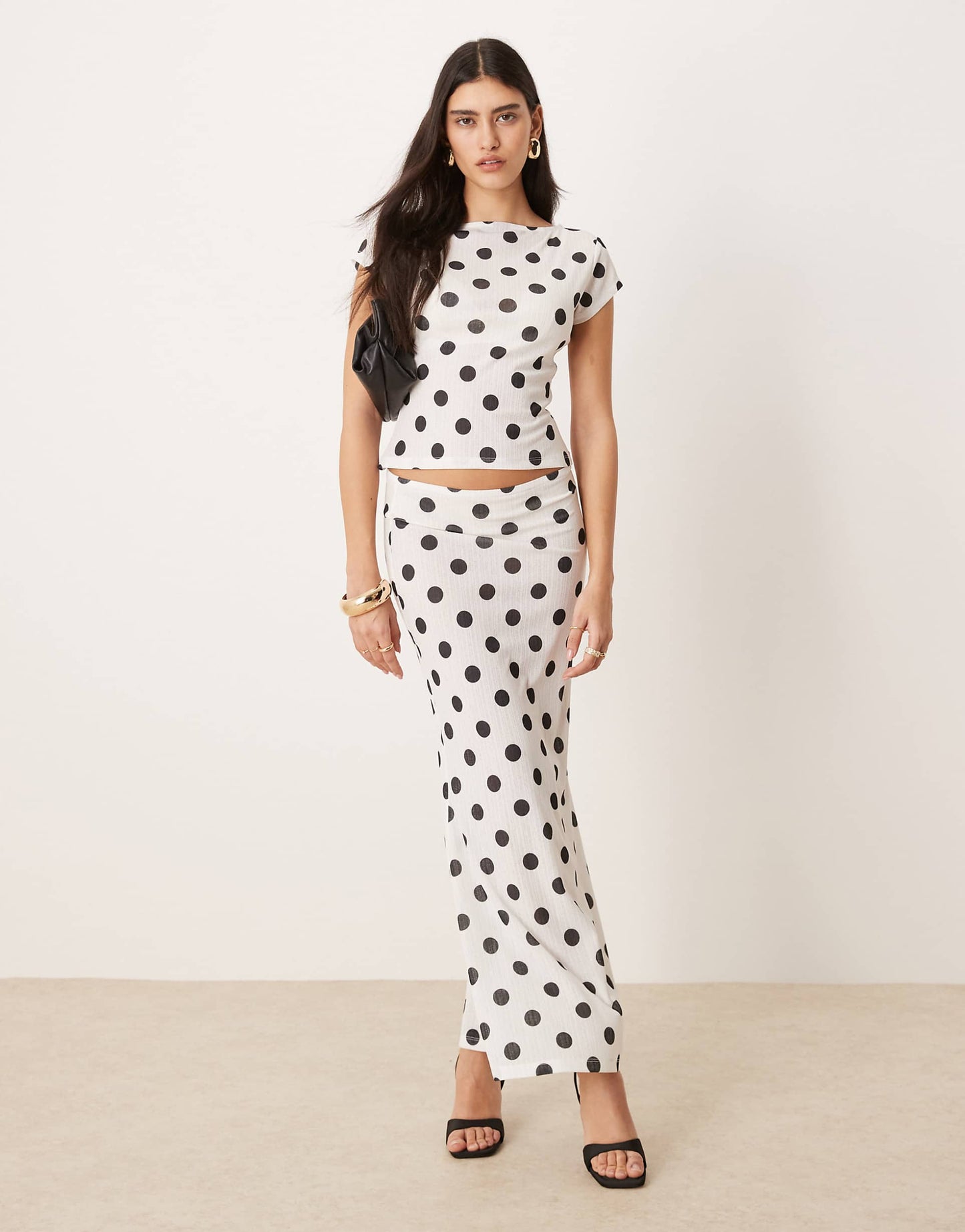 Polka Dot Printed Dry Handle Rib Maxi Low Rise Skirt