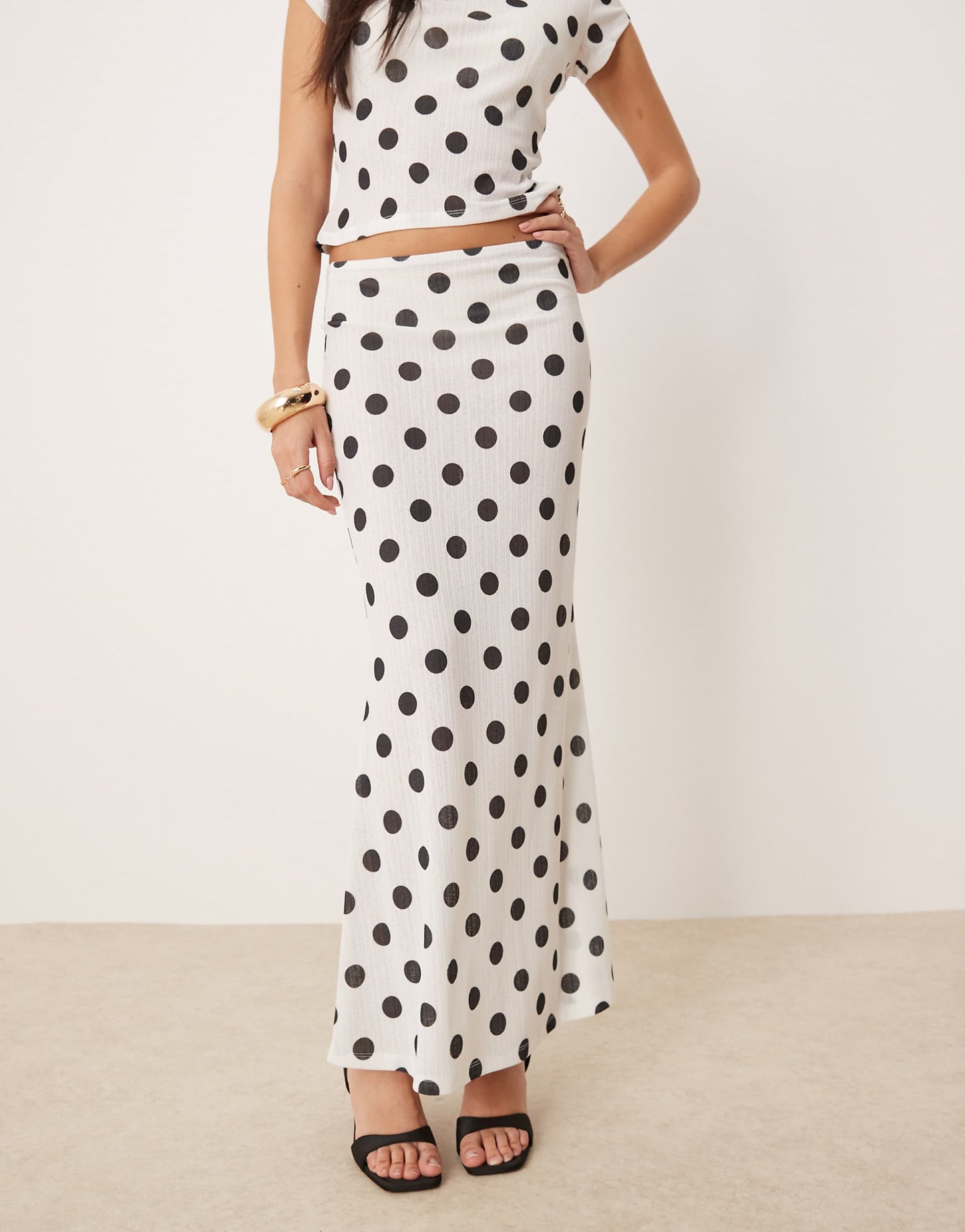 Polka Dot Printed Dry Handle Rib Maxi Low Rise Skirt