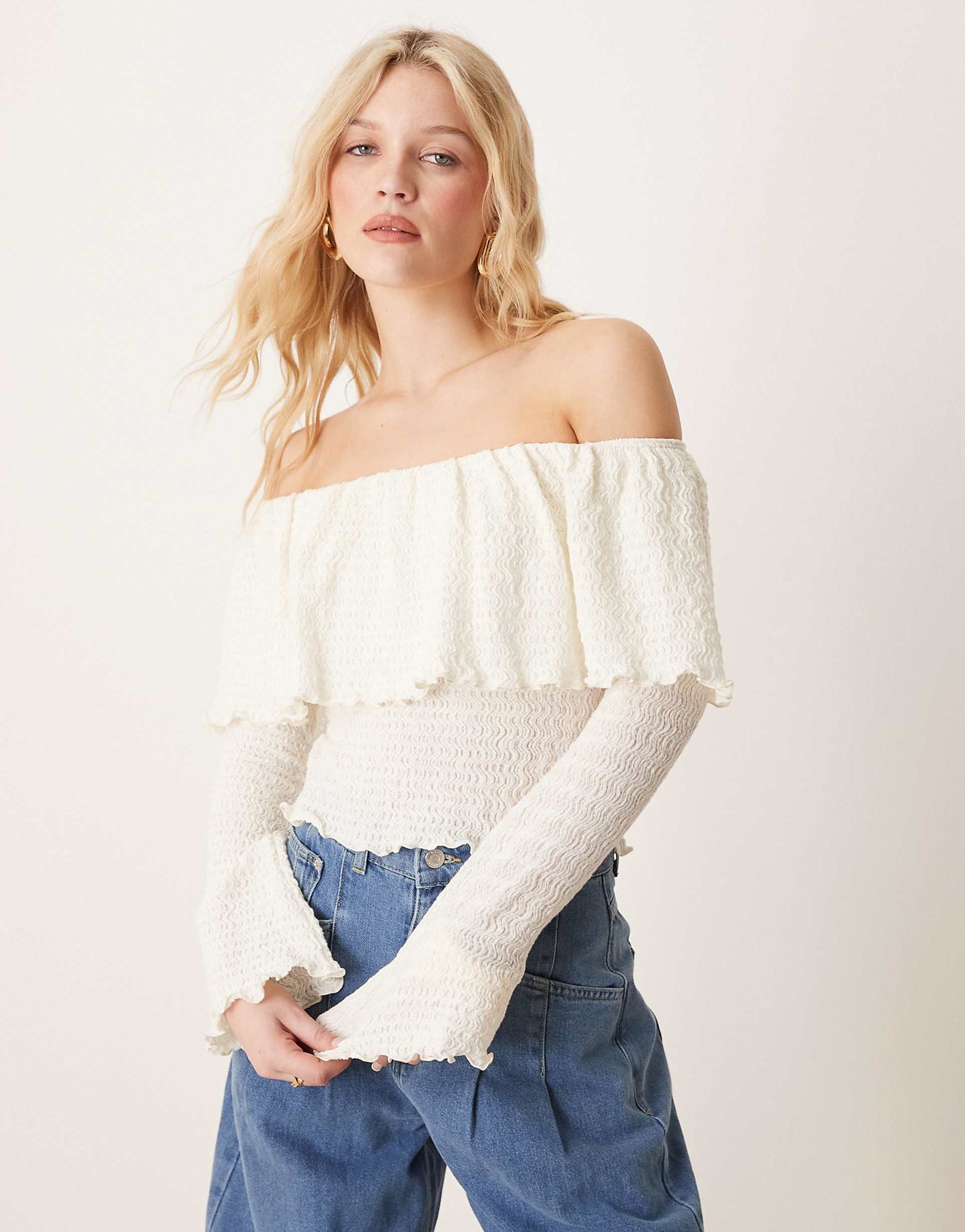 Wavey Textured Bardot Top With Flute Cuff Detail