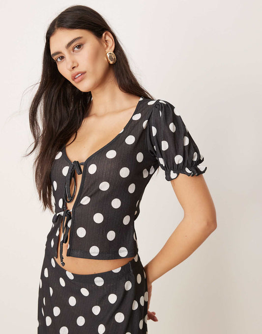 Dry Handle Rib Tie Front Puff Sleeve Polka Dot Co Ord Top