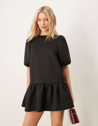 Scuba Dropped Waist Mini Dress With Puffed Sleeve