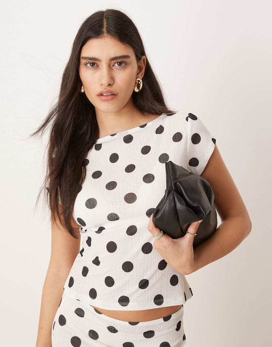 Polka Dot Dry Handle Rib Slash Neck Top