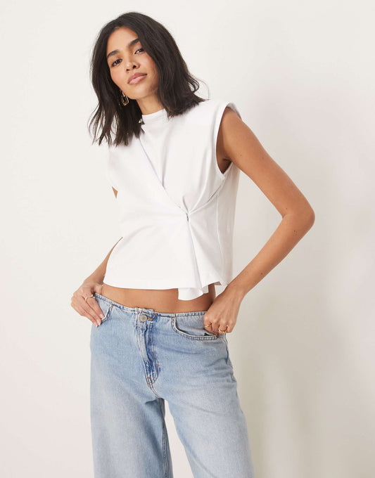 Cinched Sleeveless Top With Grown On Neck And Shoulder Pads