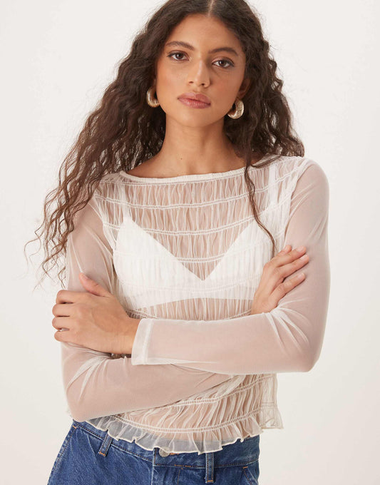 Shirred Long Sleeve Tulle Mesh Top