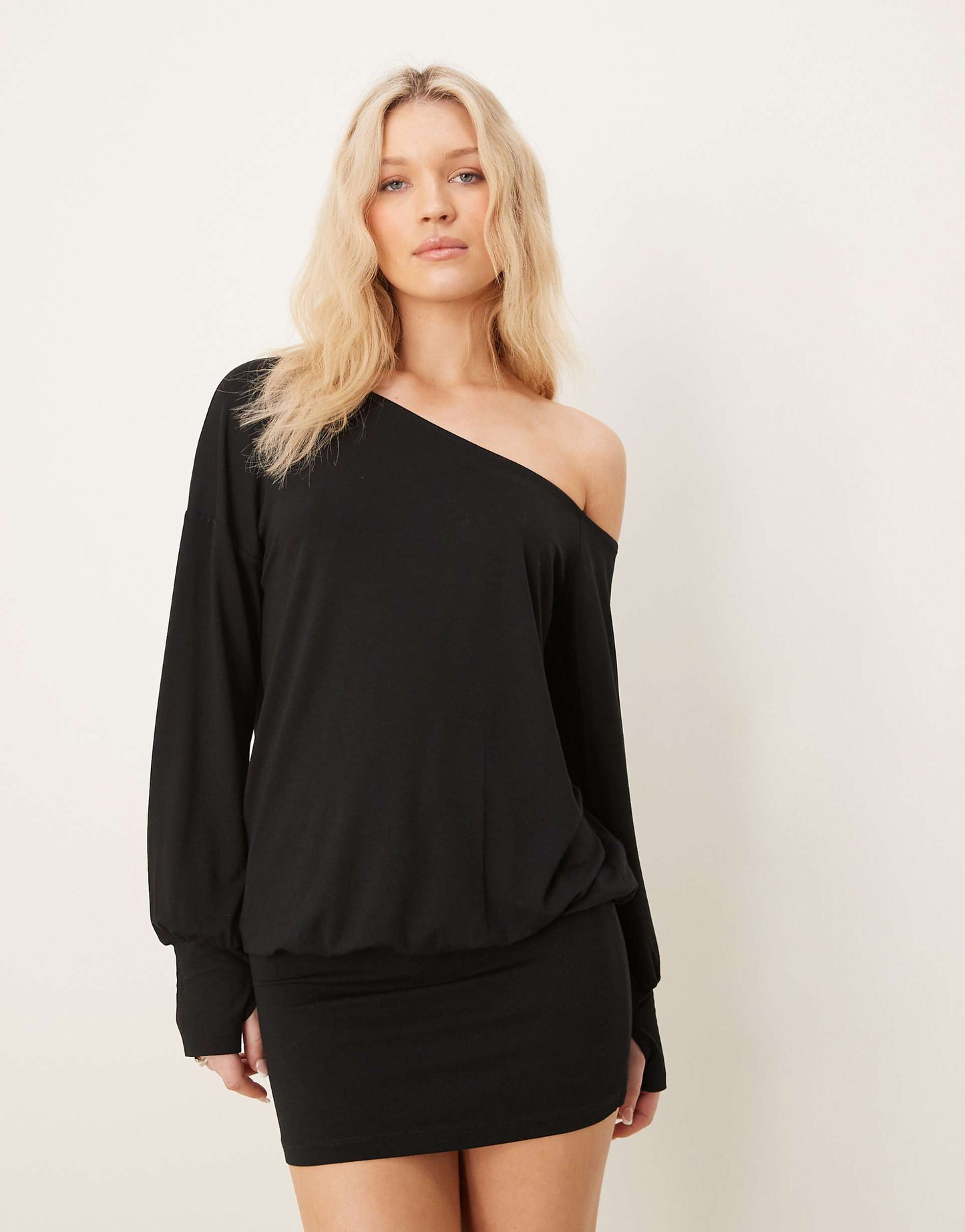 Slouchy Mini Dress With Thumbholes And Asymmetric Neckline