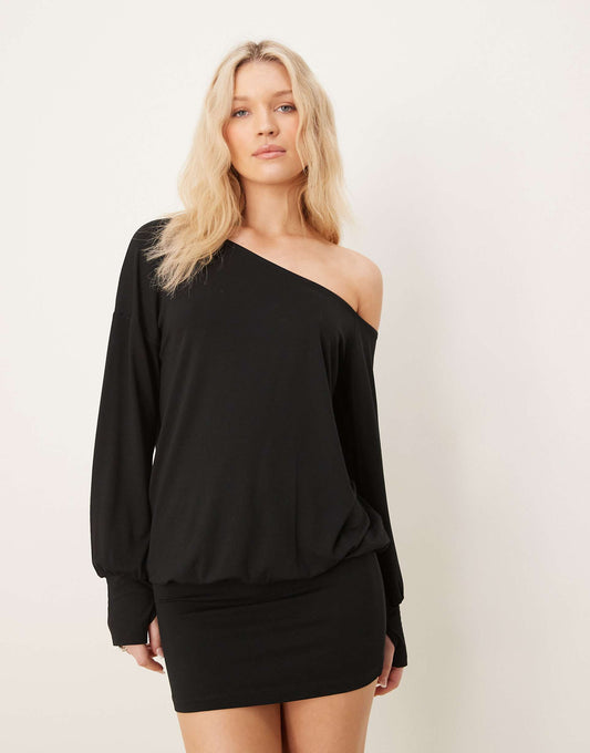 Slouchy Mini Dress With Thumbholes And Asymmetric Neckline