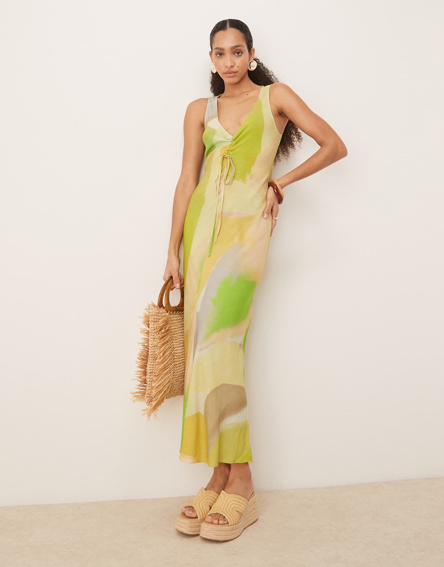 V Neck Ruched Tie Midi Dress