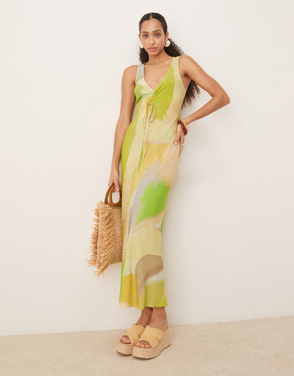 V Neck Ruched Tie Midi Dress