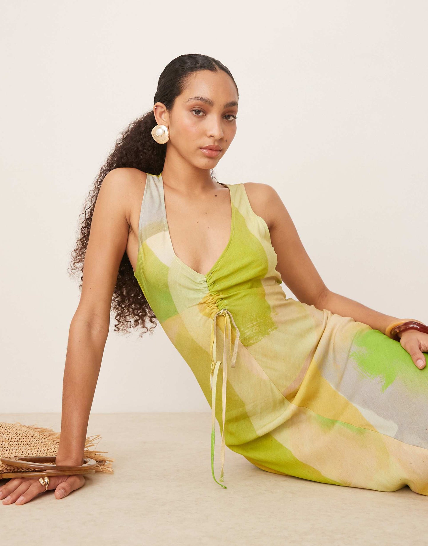 V Neck Ruched Tie Midi Dress