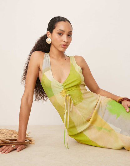 V Neck Ruched Tie Midi Dress