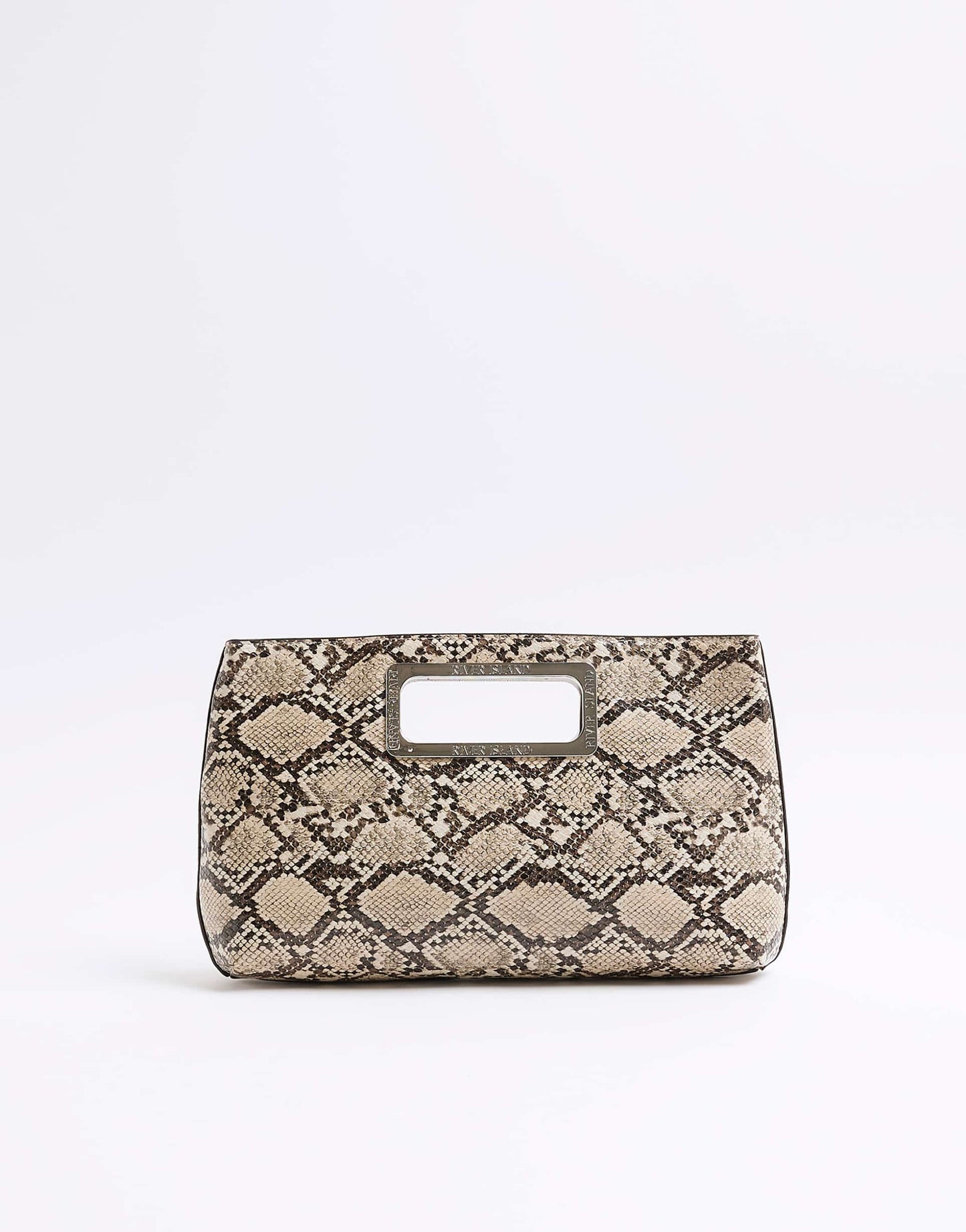 Metal Handle Snake Print Clutch Bag
