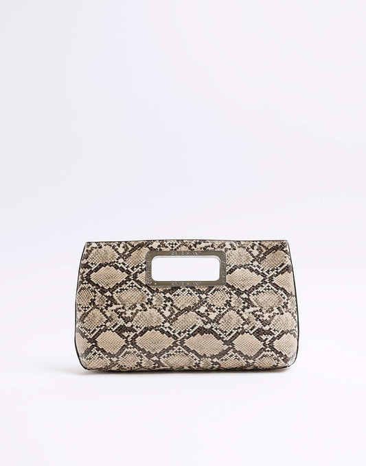 Metal Handle Snake Print Clutch Bag
