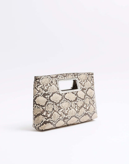 Metal Handle Snake Print Clutch Bag