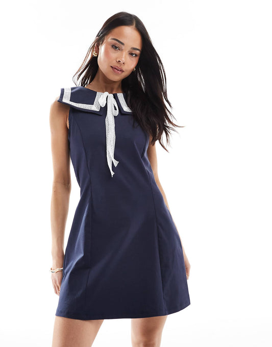 Square Collar Sailor Bengaline Mini Dress