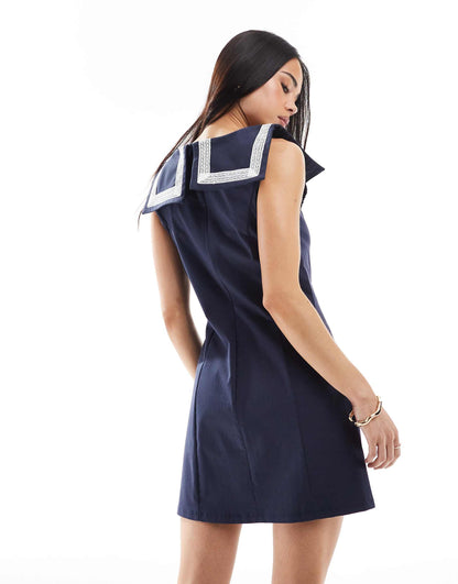 Square Collar Sailor Bengaline Mini Dress