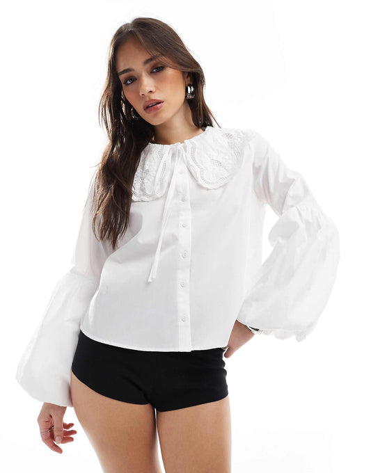 Wide Collar Lace Trim Poplin Oversized Shirt