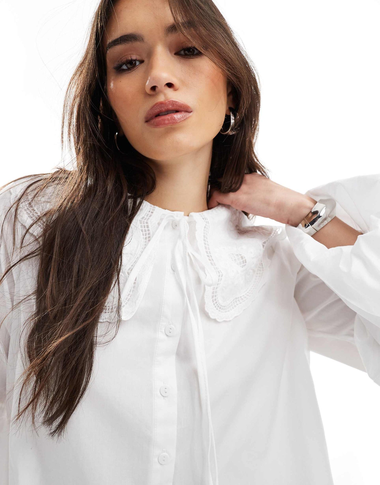 Wide Collar Lace Trim Poplin Oversized Shirt