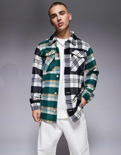 Oversized Heavy Brushed Check Overshirt Black & Green