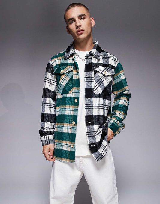 Oversized Heavy Brushed Check Overshirt Black & Green