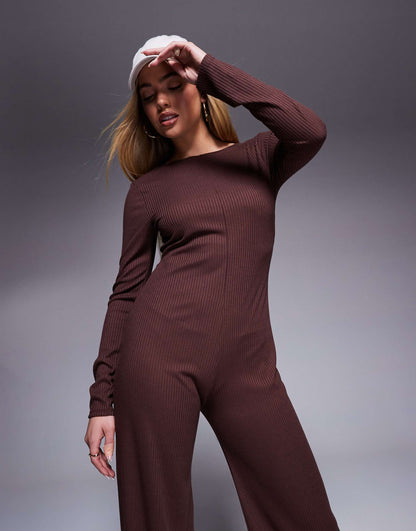 Ribbed Long Sleeve Seam Detail Wide Leg Jumpsuit