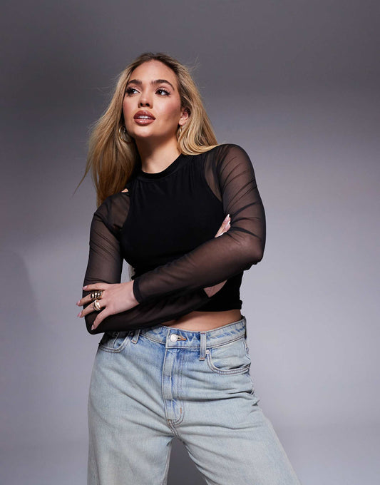 Mesh Long Sleeve Top With Layered Turtle Neck