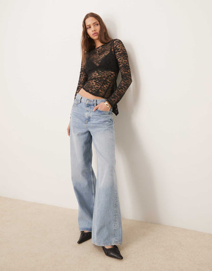 Long Sleeve Lace Top With Ruffle Godet Detail
