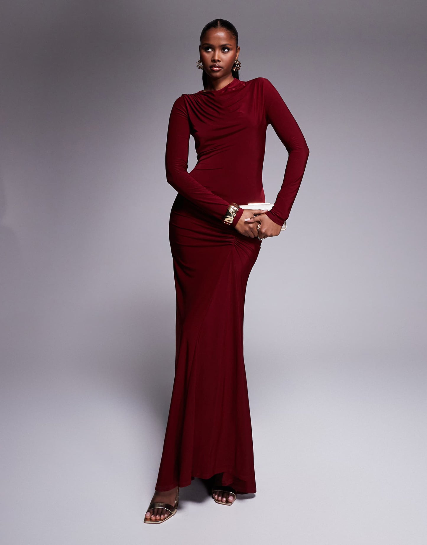 High Neck Slinky Maxi Dress With Ruched Skirt Detail