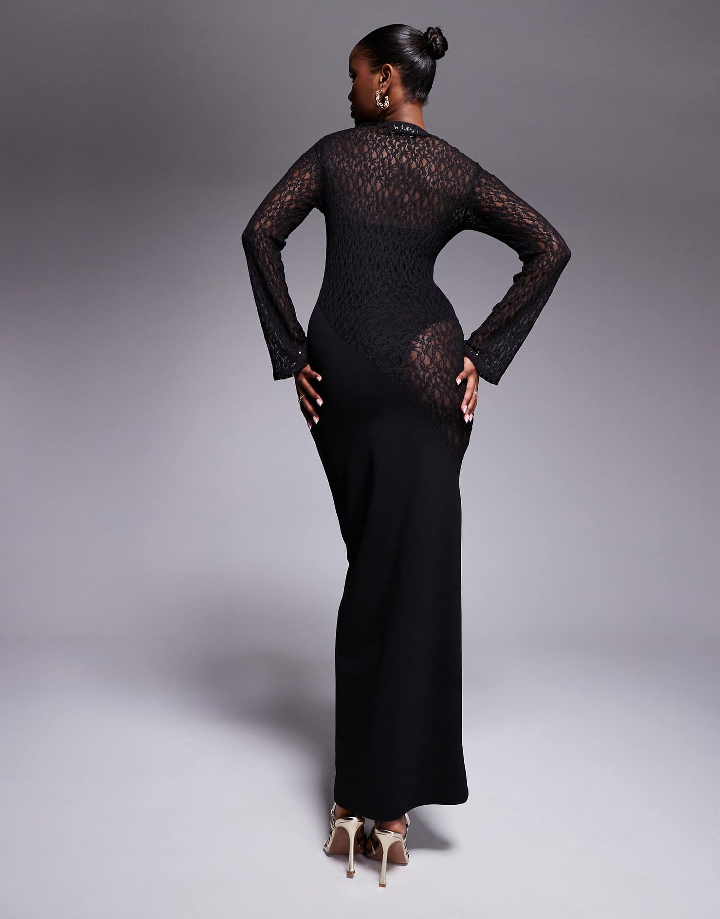 Long Sleeve Slash Neck Spliced Lace Mix Maxi Dress