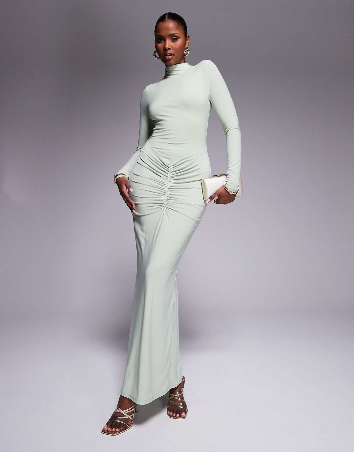 Long Sleeve High Neck Maxi Dress With Central Ruched Detail