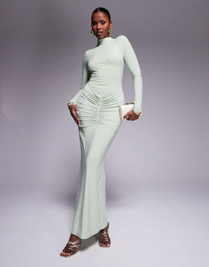 Long Sleeve High Neck Maxi Dress With Central Ruched Detail