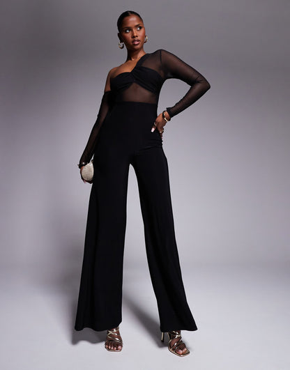 Long Sleeve Mesh Mix Jumpsuit With Fallen Shoulder