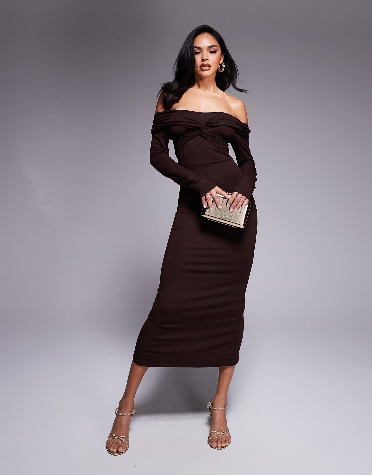 Off Shoulder Twist Midi Dress With Long Sleeves