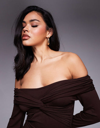 Off Shoulder Twist Midi Dress With Long Sleeves