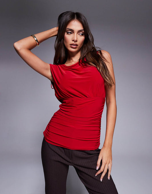 Double Sculpted Slinky Sleeveless Asymmetric Ruched Top