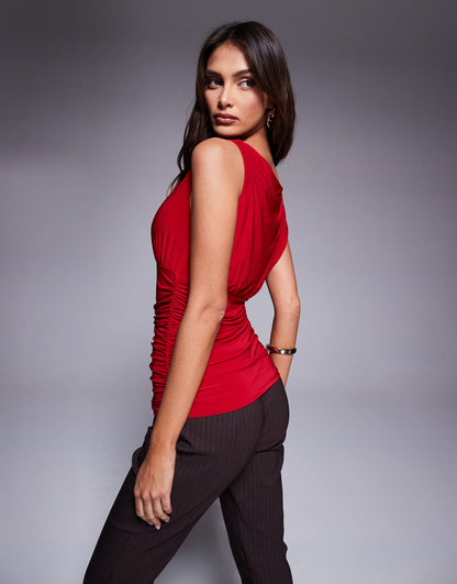 Double Sculpted Slinky Sleeveless Asymmetric Ruched Top