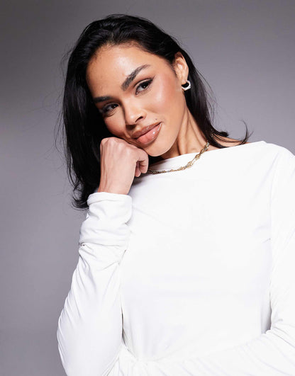 Double Sculpted Slinky Asymmetric Shoulder Long Sleeve Top