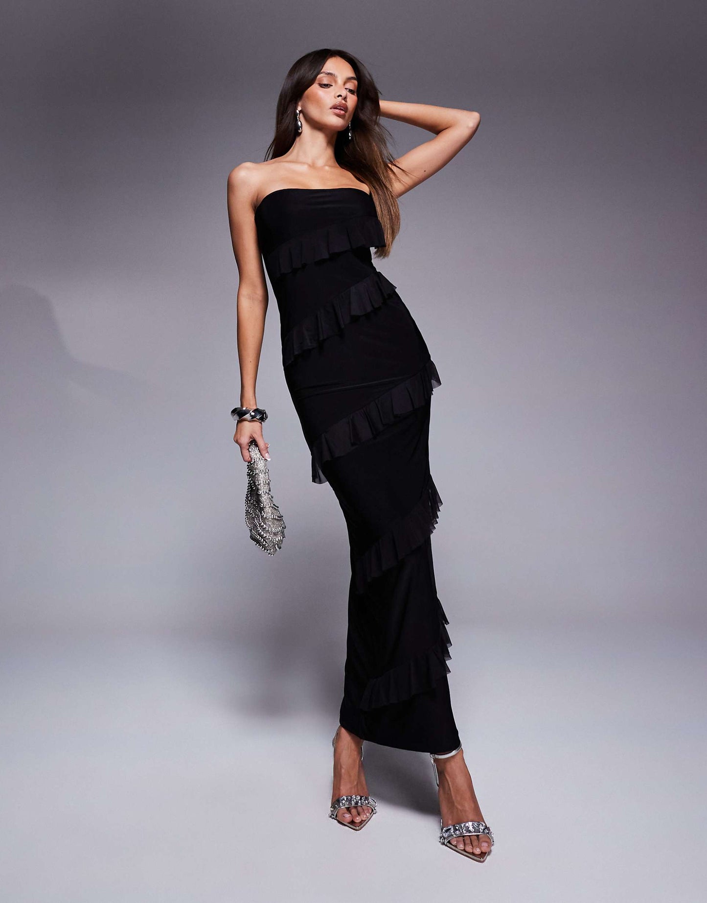 Double Sculpted Bandeau Ruffle Maxi Dress