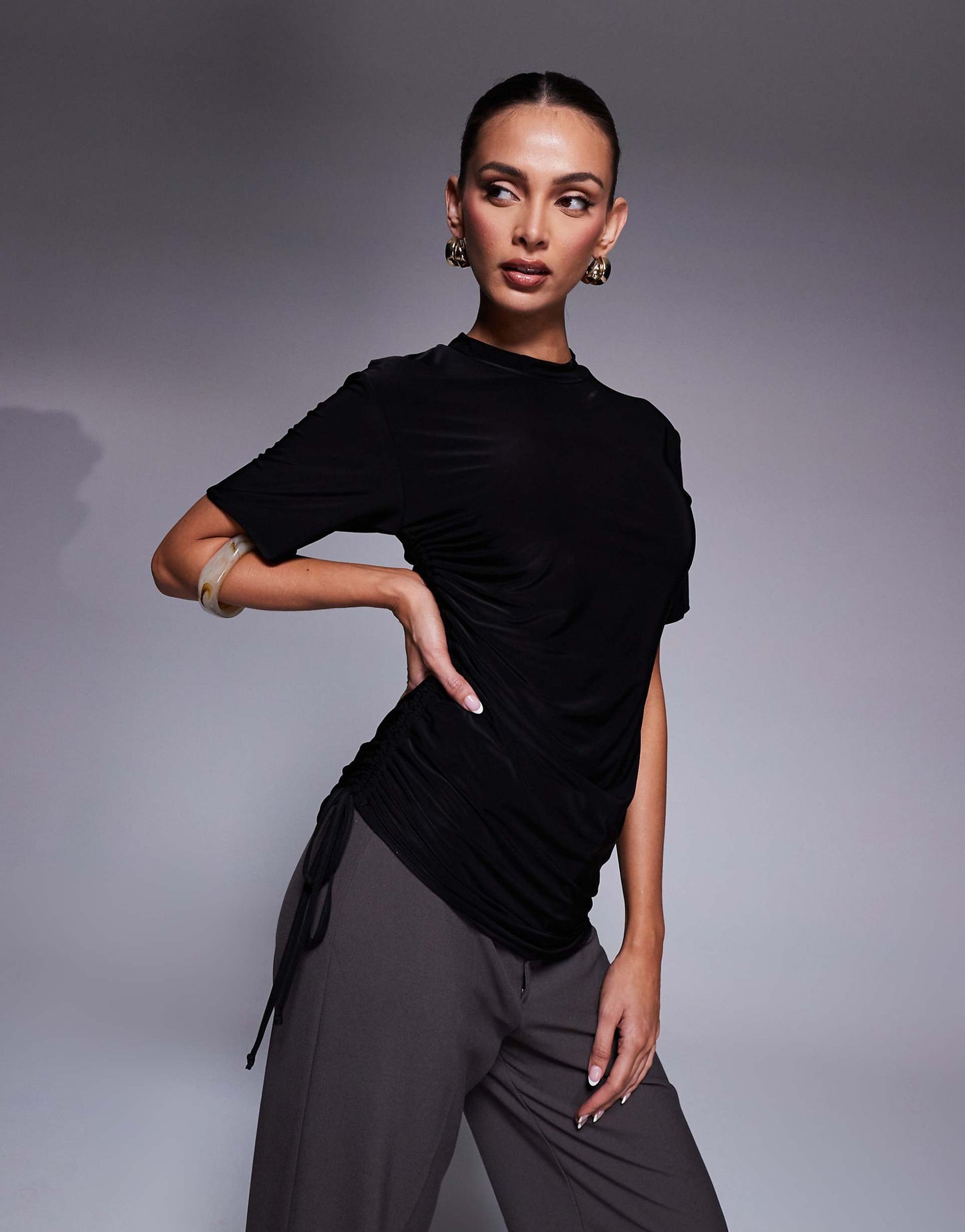 Double Sculpted Slinky Asymmetric Ruched Side T-Shirt