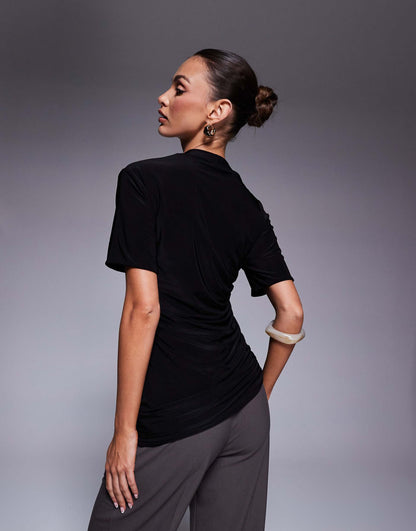 Double Sculpted Slinky Asymmetric Ruched Side T-Shirt