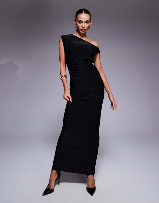Double Sculpted Slinky Sleeveless Asymmetric Neck Ruched Bodycon Maxi Dress