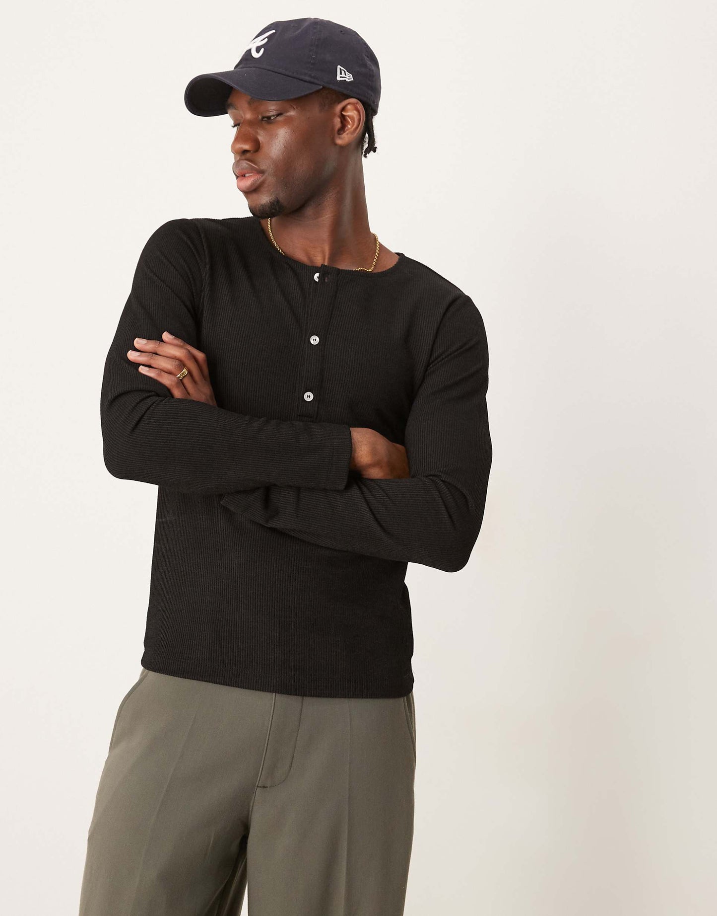 Muscle Fit Long Sleeve Boxy T-Shirt With Henley Neck