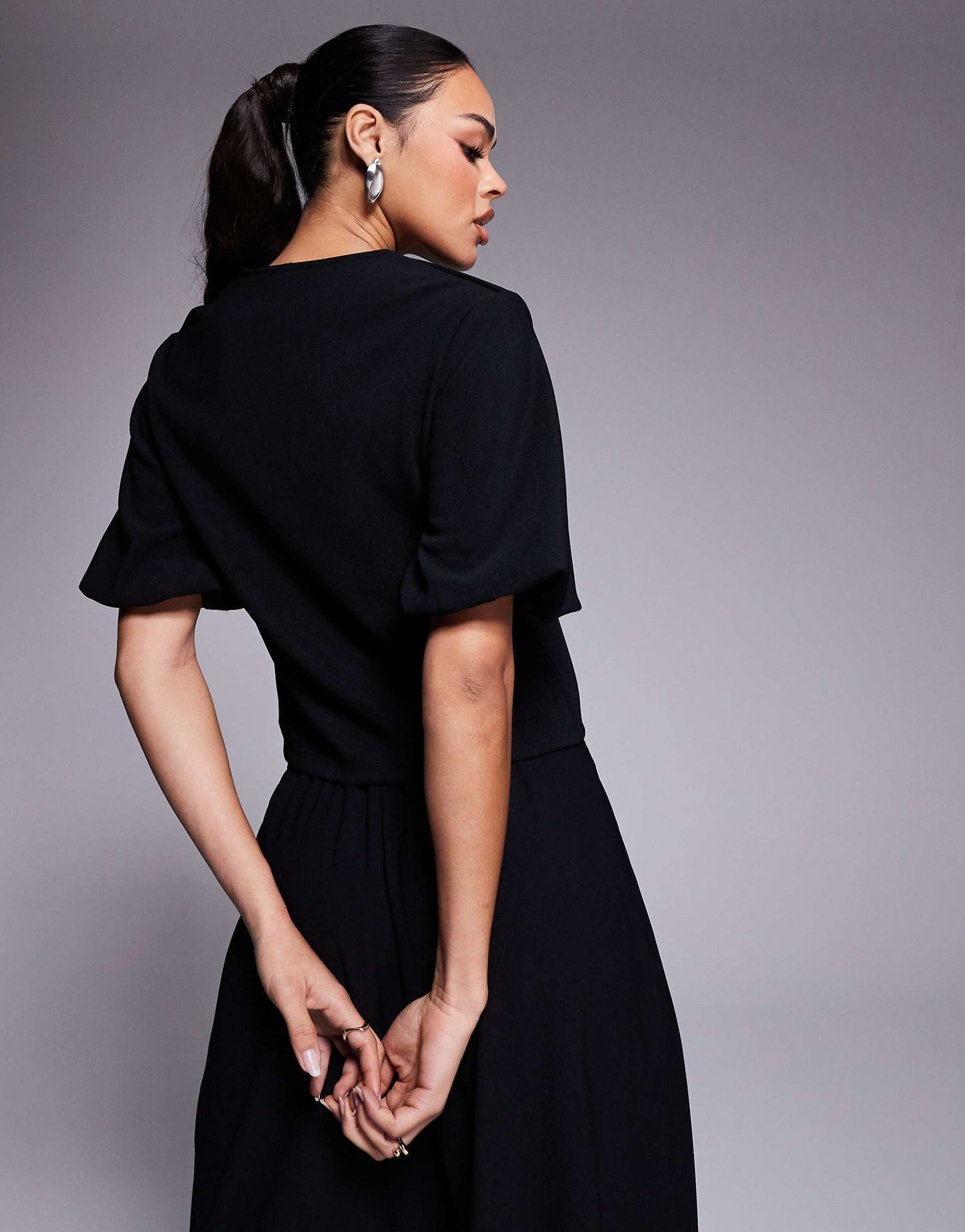 Ribbed Puff Sleeve Structured Hook And Eye Top